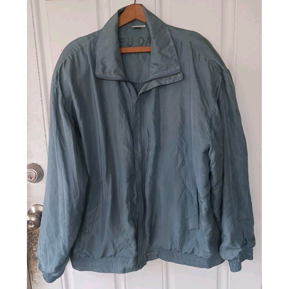 Fuda International Vtg Silk Windbreaker Bomber Jacket Womens Lg Blue Grey 80s